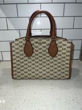 Michael Kors Tan and Cream MK Logo Satchel